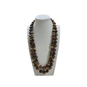Vtg Double-Strand Wooden Red Gold Beaded Necklace With Gold-Tone Box Clasp 23"